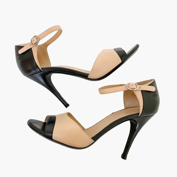 Chanel Two Tone CC Sandals EU 39.5 US 8.5-9 Beige Black Peep Toe High Heels - Picture 7 of 13